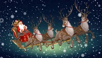 Santa Claus in a sleigh, pulled by reindeer, flying through a snowy night sky adorned with snowflakes.