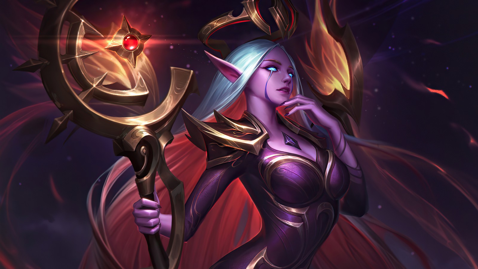 A woman with a sword and a glowing star in her hand (soraka, nightbringer, league of legends, lol, video game)