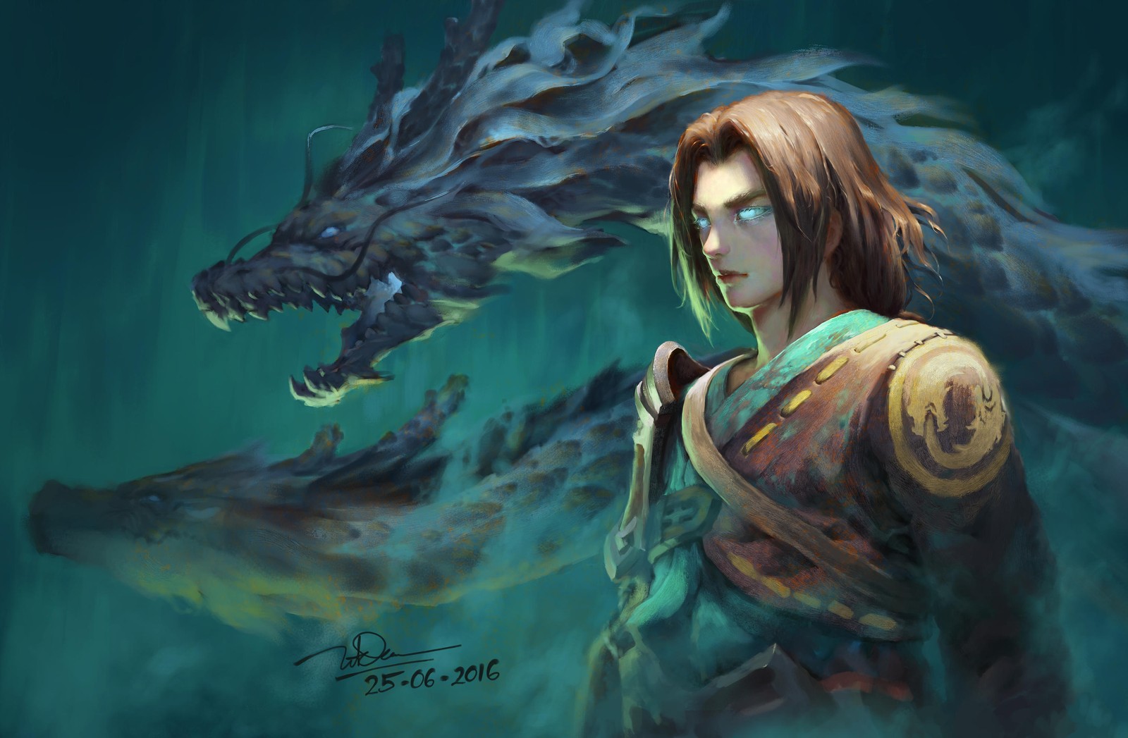 Une peinture d'une femme avec un dragon sur son épaule (overwatch, fan art, illustration, art, jeu daventure)