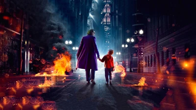 Coringa e Criança Caminhando Através de uma Paisagem Urbana Flamejante de Gotham