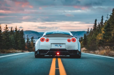 Nissan Skyline GT-R: A striking white supercar on a scenic road, showcasing its iconic rear design against a backdrop of trees and mountains.