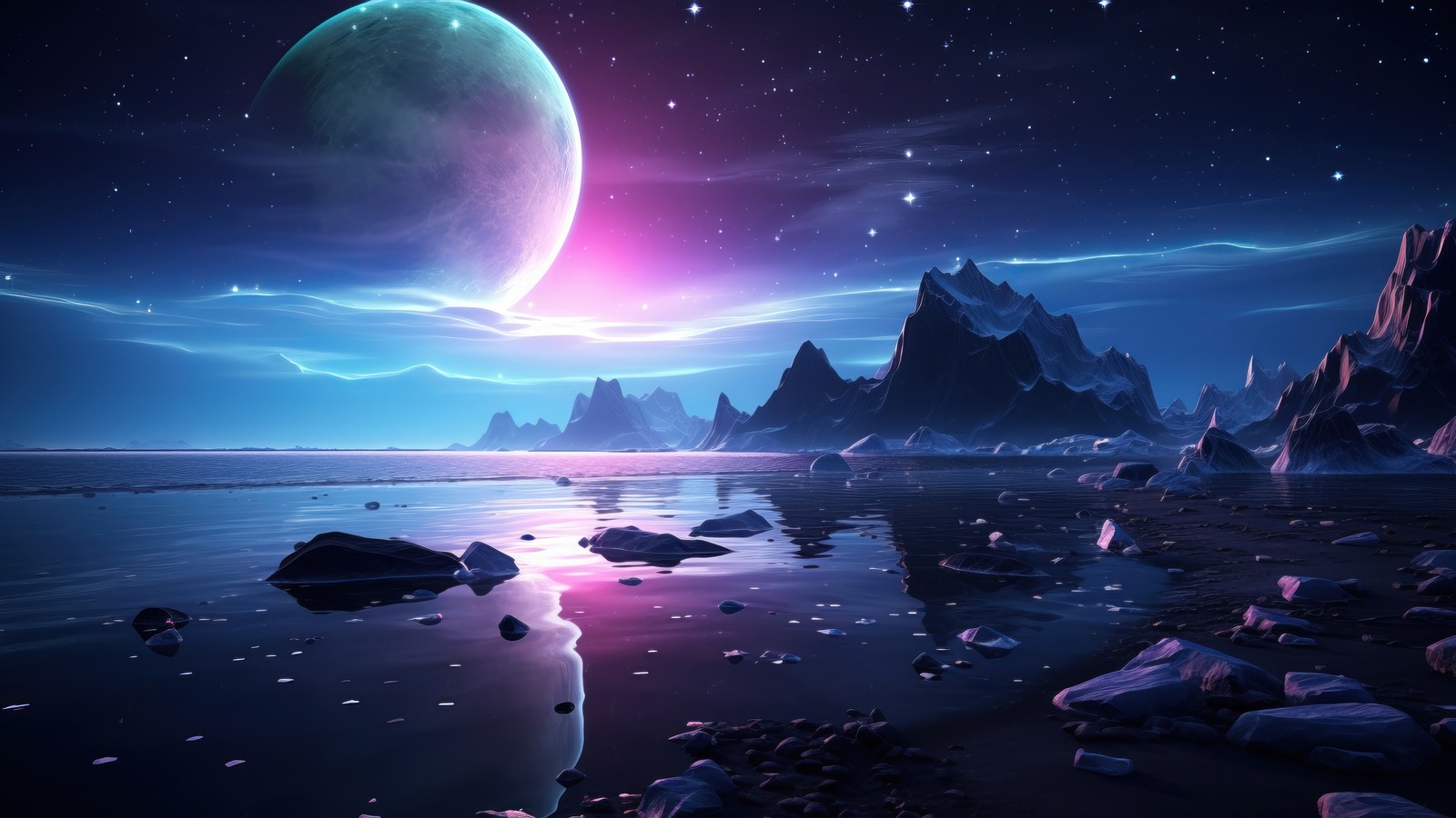 Descargar fondo de pantalla rocky, playa, noche, luna, escenario