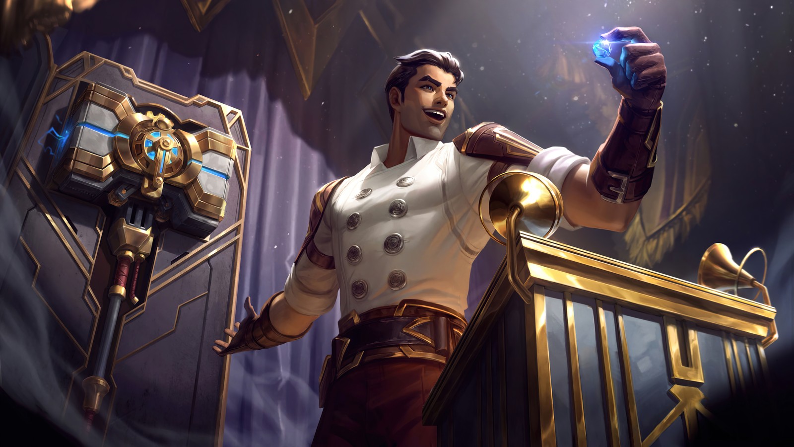 Un homme en chemise blanche tenant une lumière bleue (arcane, jayce, lol, peau, art visuel)