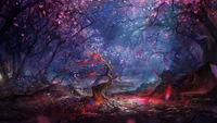 Enchanting Forest with Blooming Cherry Blossoms in a Dreamlike Atmosphere