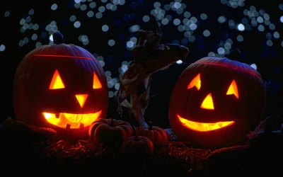 Leuchtende Halloween-Kürbisse in einer dunklen Nacht