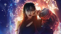 Giselle of aespa exudes confidence and charisma against a vibrant, fiery background, embodying the essence of K-pop's "Next Level.