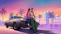 Lucia und Jason in einem Retro-Auto unter einem lebhaften Sonnenuntergang in Grand Theft Auto 6