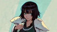 Fubuki de One Punch Man com uma expressão confiante, vestindo um casaco estiloso com gola de pele e um colar de pérolas.