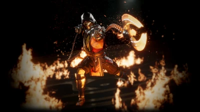 Escorpião em uma pose flamejante, pronto para a batalha em Mortal Kombat 11.