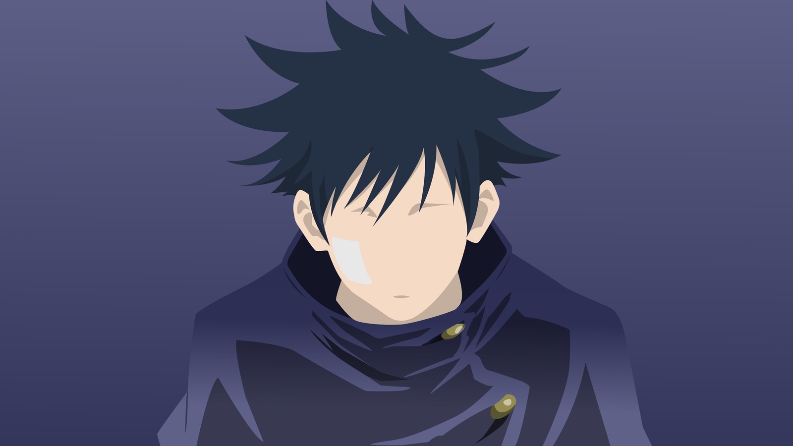 A man with black hair and a black coat standing in front of a blue background (megumi fushiguro, faceless, minimalist, jujutsu kaisen, anime)