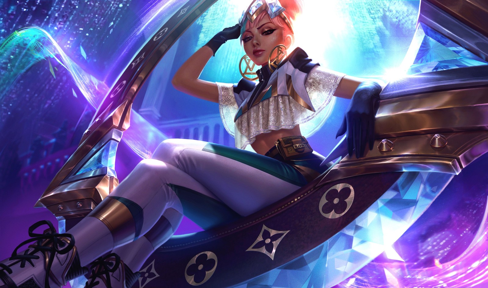 Una mujer en una camisa blanca y pantalones blancos sentada en un bote (qiyana, league of legends, juegos, fondo de pantalla 4k)