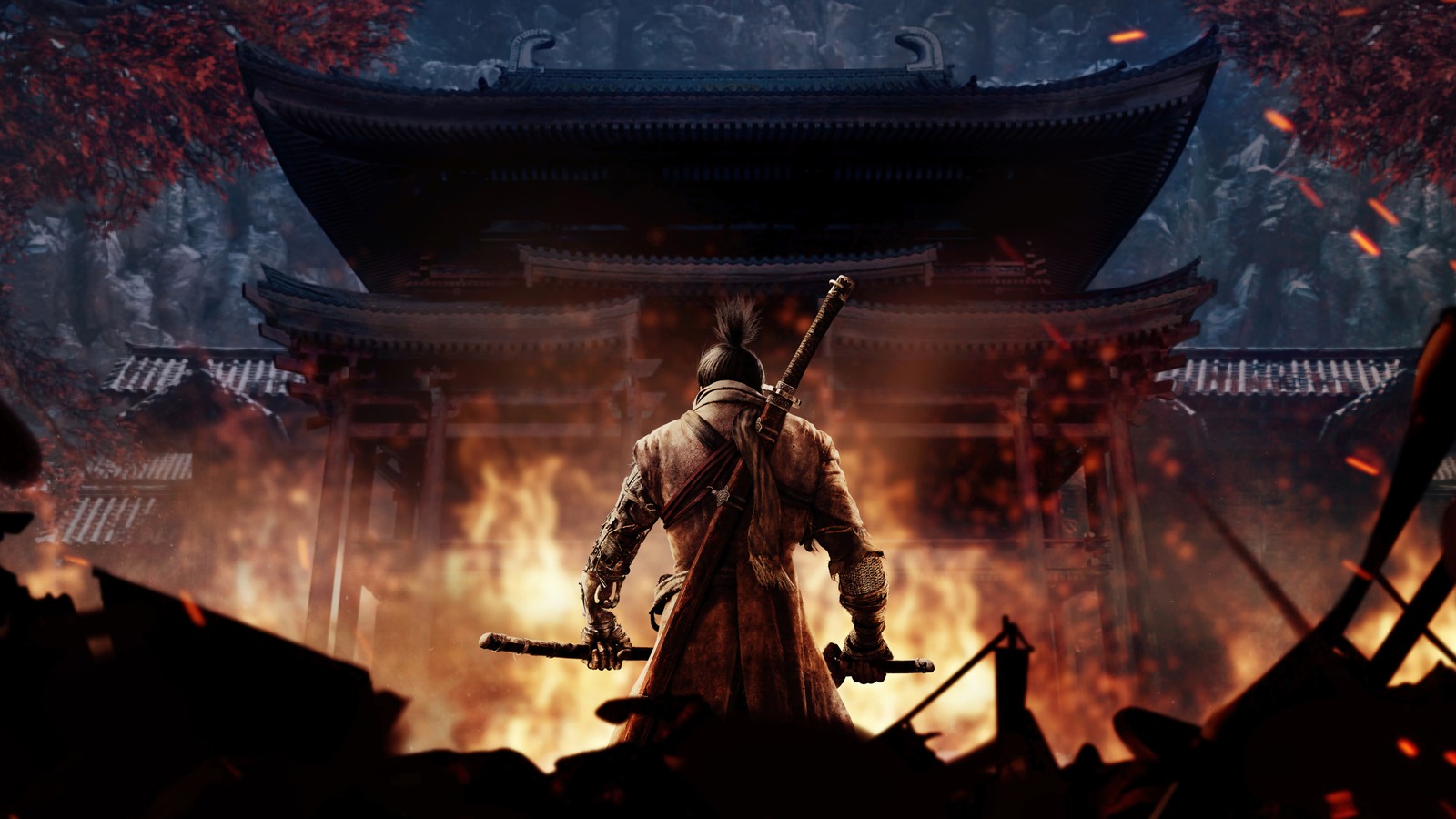 Мужчина в самурайском костюме стоит перед зданием с огнем (sekiro shadows die twice, 5k, видеоигра, волк, игры)