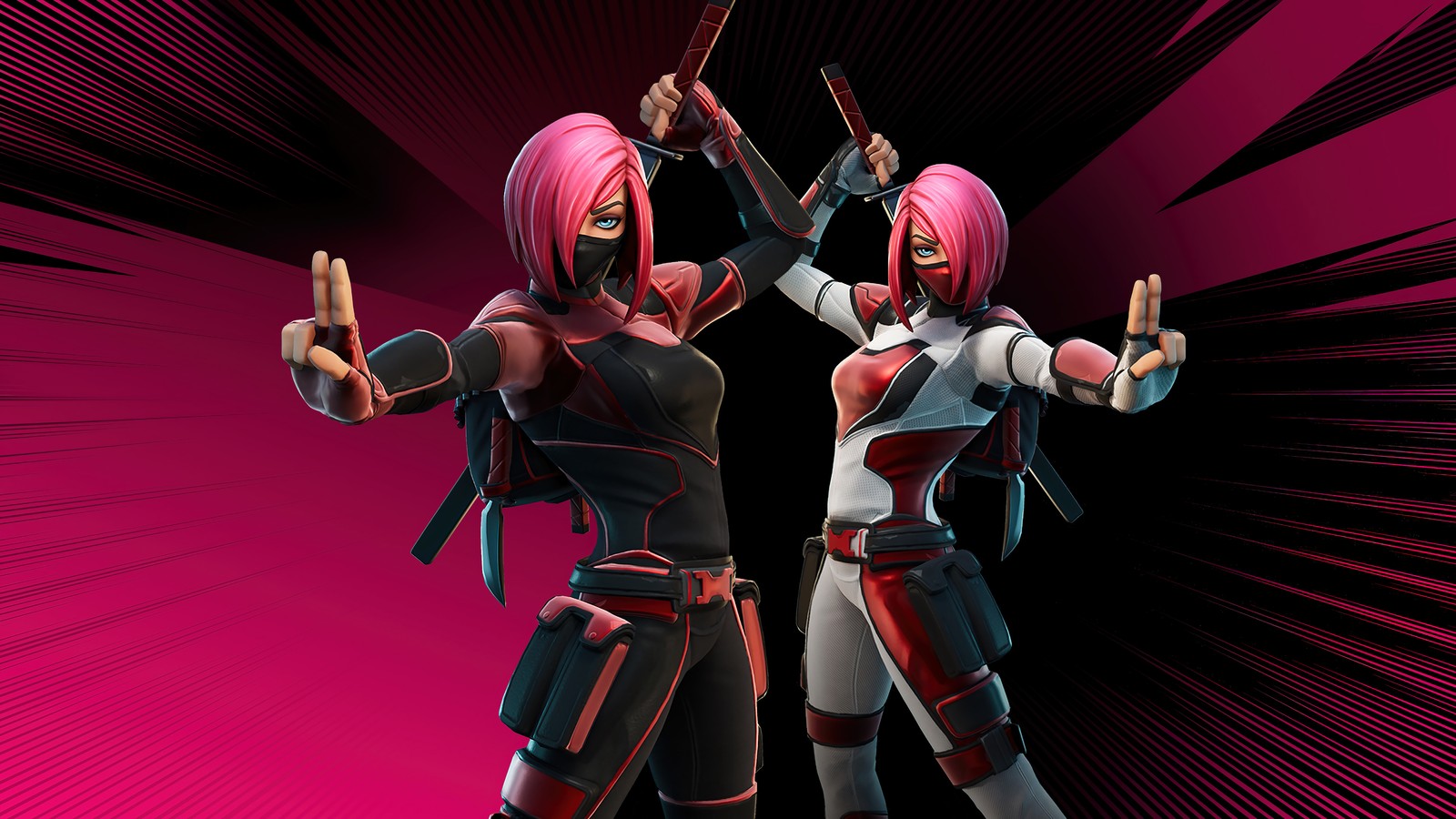 Duas personagens femininas em um traje rosa e preto posando para uma foto (fortnite, jogo de vídeo, fortnite battle royale, parada cardíaca)