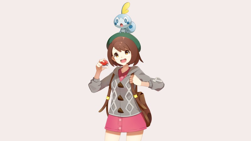 Аниме, девочка в шляпе и с сумкой стоит (соббл, sobble, покемон меч и щит, pokemon sword and shield, видеоигра)