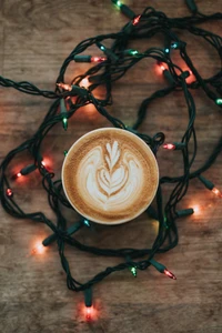 Artfully Crafted Cappuccino Surrounded by Twinkling Lights