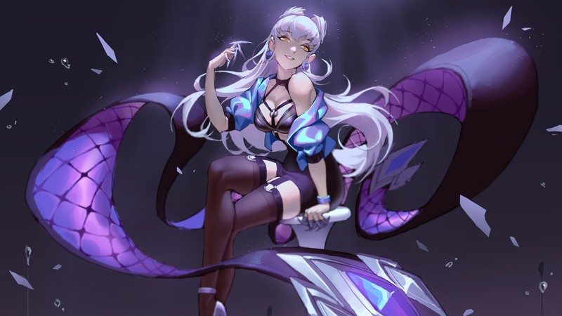 Женщина в фиолетовом наряде стоит на фиолетовом и черном фоне (evelynn, kda, lol, league of legends, видеоигра)