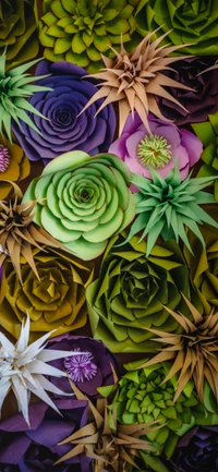 Bouquet vibrante de suculentas de papel em tons de verde, roxo e amarelo