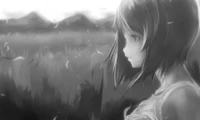 Reflective Beauty: A Black and White Anime Girl in a Serene Landscape