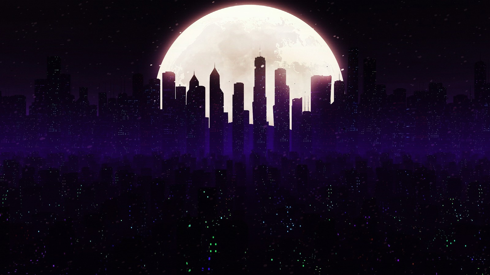 night, city, moon, digital art wallpaper