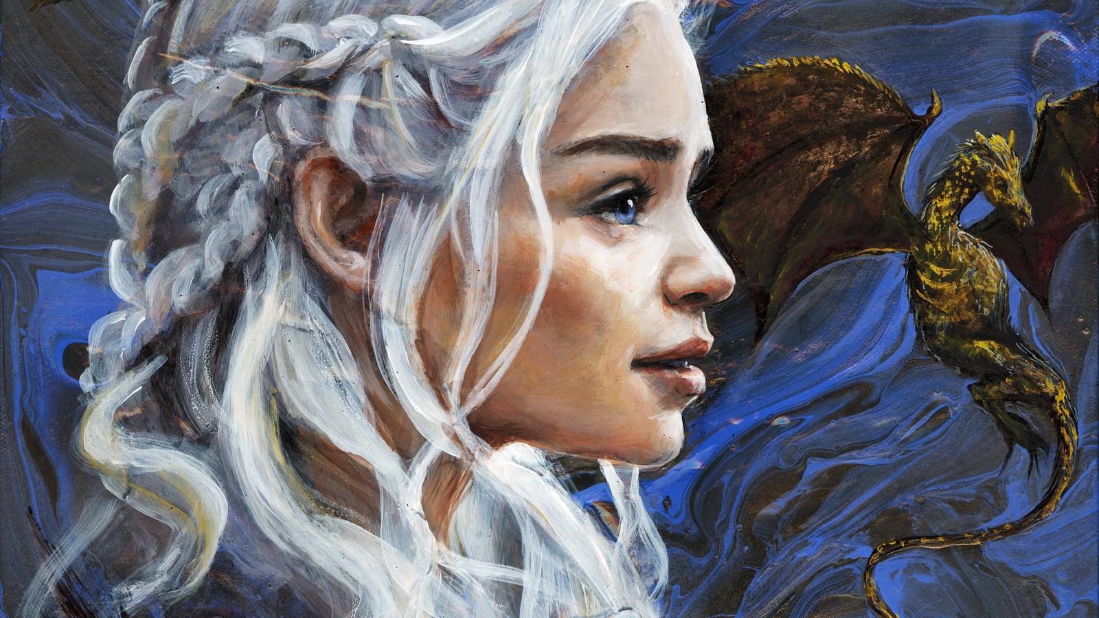 Una pintura de una mujer con cabello blanco y un dragón (pintura, daenerys targaryen, juego de tronos, game of thrones, arte)