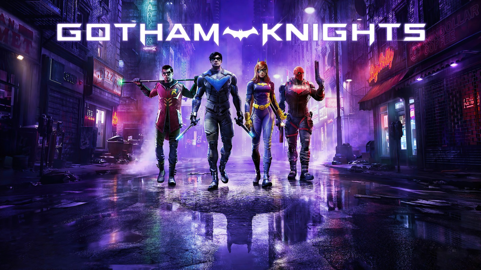 Gotham knights en una calle de la ciudad con luces de neón (caballeros de gotham, gotham knights, videojuego, personajes, petirrojo)