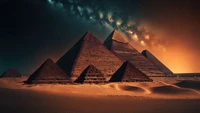 Pyramides égyptiennes majestueuses sous un ciel cosmique – un hommage scénique aux sept merveilles