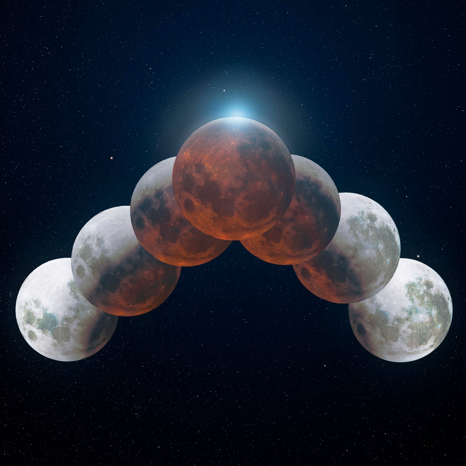 Un gros plan d'un groupe d'éclipses lunaires avec une étoile en arrière-plan (lune, éclipse, éclipse lunaire, ensoleillement, astrophotographie)