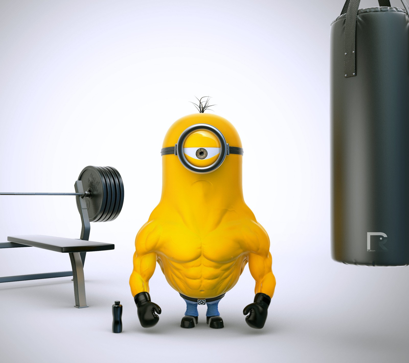 Un primer plano de un minion con equipo de gimnasio frente a un saco de boxeo (2015, android, despreciable, divertido, gimnasio)