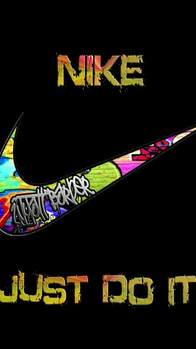 Colorful Nike logo with graffiti-style text overlaying "Just Do It.