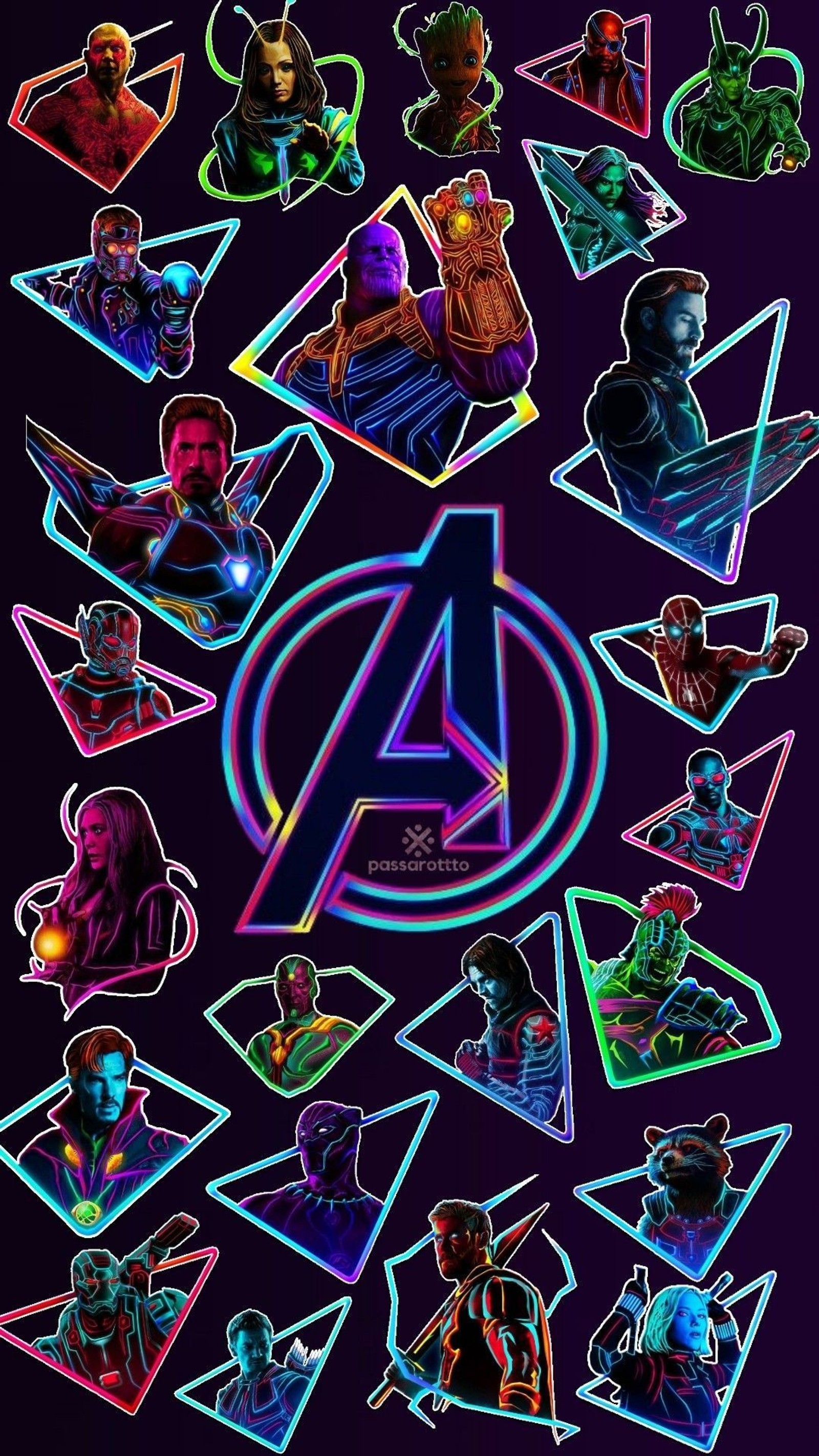 Le logo des avengers avec de nombreux personnages différents au centre (avengers, néon, marvel, infini, guerre)