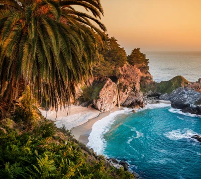 Serene Coastal Landscape with Waterfall at Sunset