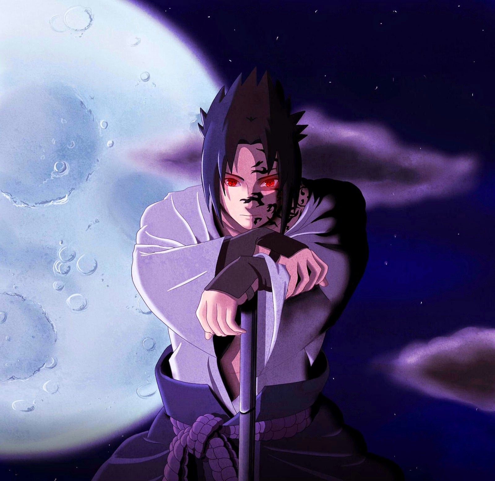 Anime guy with sword in front of full moon with clouds (naruto, sasuke, uchiha)