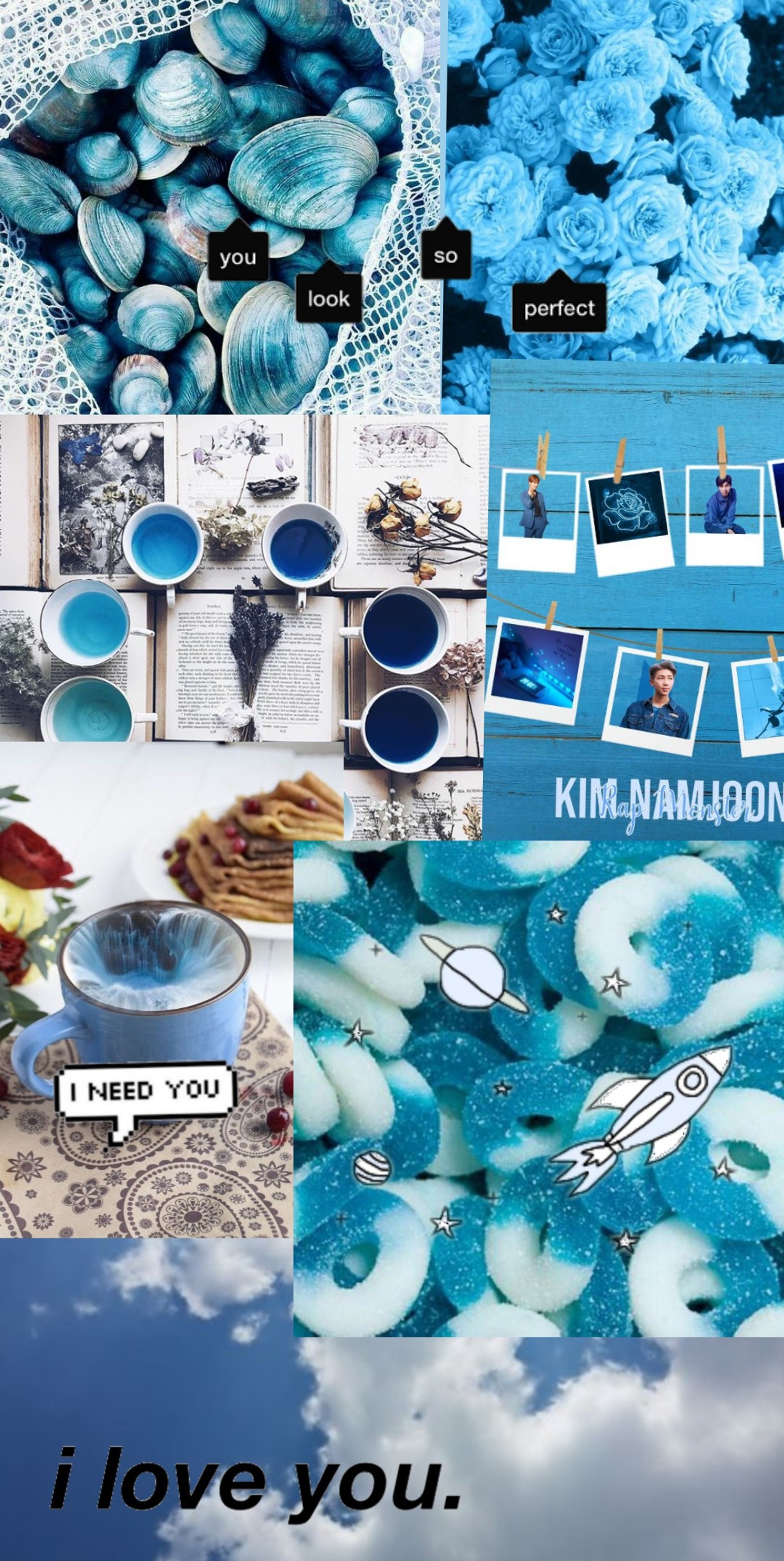 A close up of a collage of pictures with blue and white (aesthetic, blue, dark blue, pretty, tumblr)