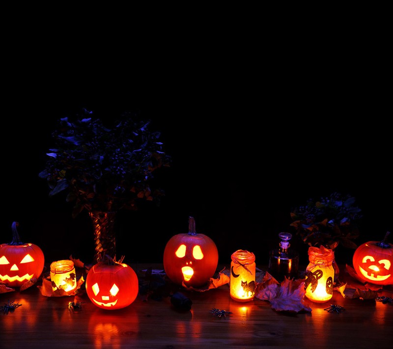 A close up of a table with a lot of carved pumpkins (art, dark, halloween)