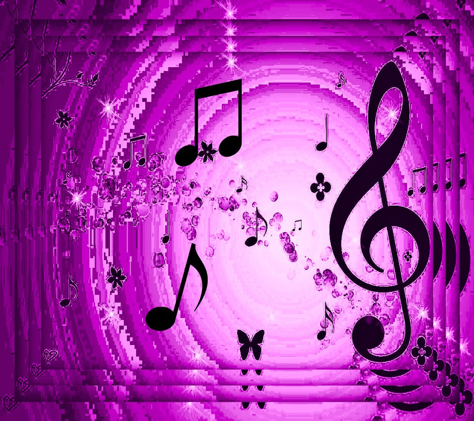 Fundo musical roxo com notas musicais e borboletas (música, papel de parede)