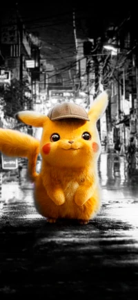 Detective Pikachu en un paisaje urbano vibrante.