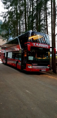 Nouveau bus à impériale Setra rouge parmi les pins