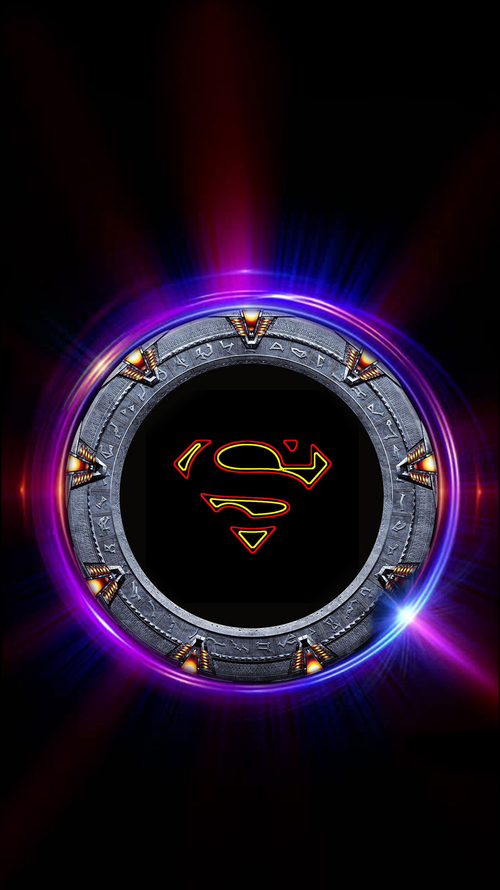 A close up of a clock with a superman symbol on it (lights, neon, stargate, superman)