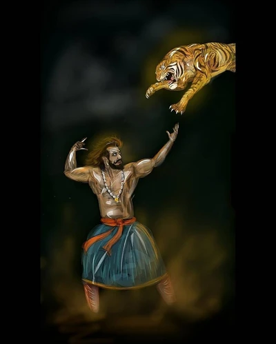 Sambhaji Maharaj confrontant un tigre