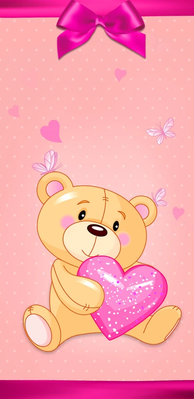 Cute Teddy Bear Holding a Pink Heart with Butterflies on a Pink Background