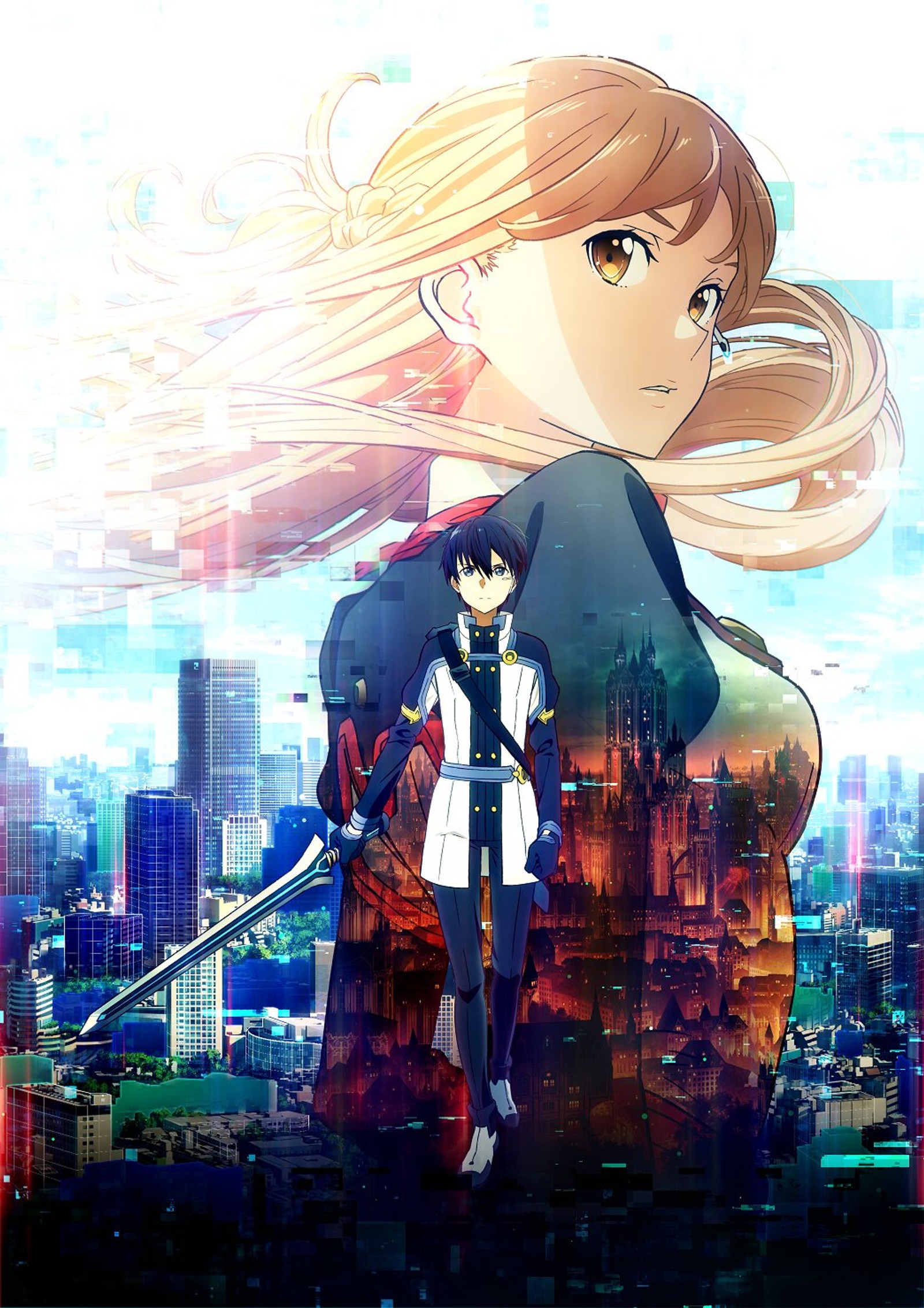 Anime poster of a couple of people standing on a city rooftop (anime, manga, sao, sao ordinal scale, sword art online)