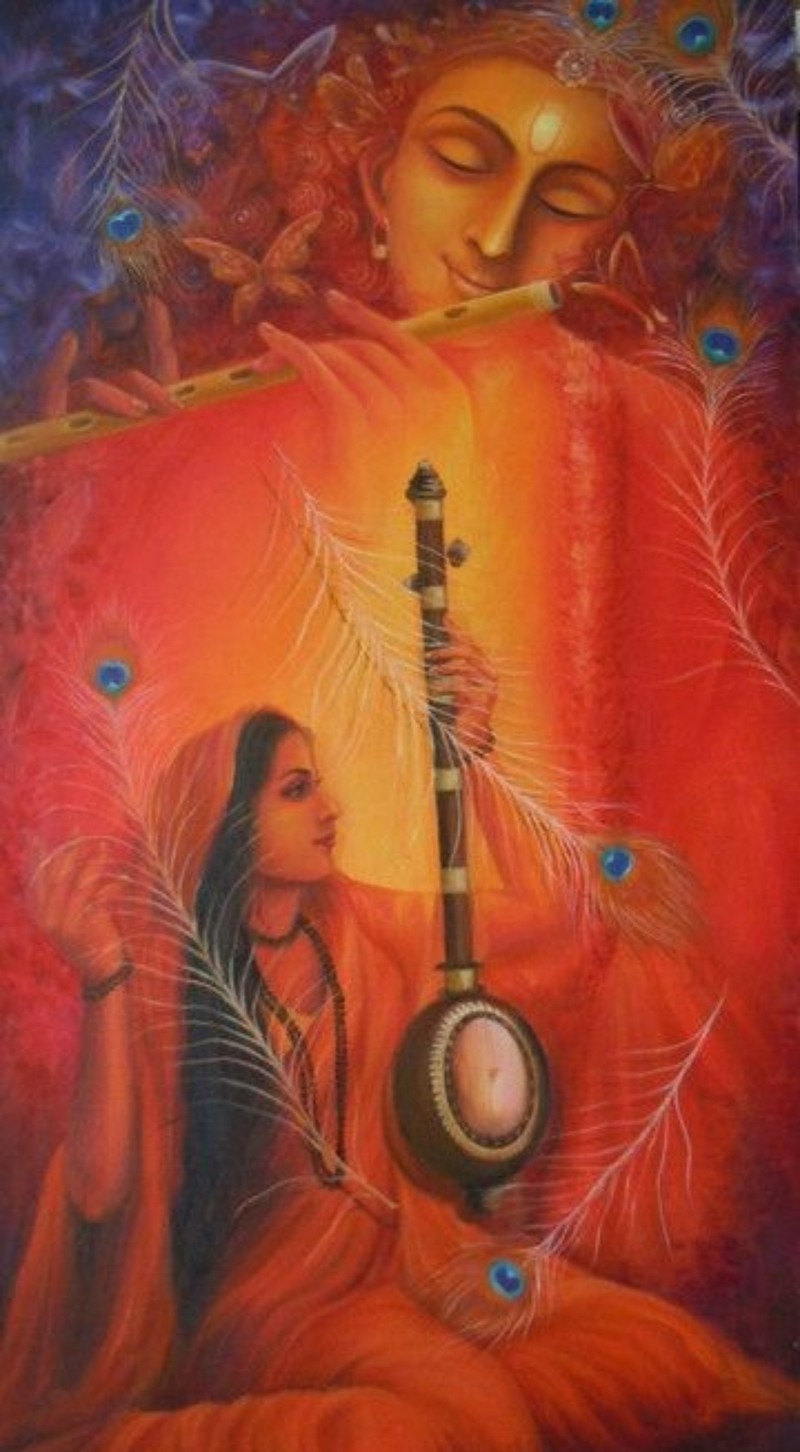 Uma pintura de uma mulher tocando um instrumento musical com penas (krushna, meera)