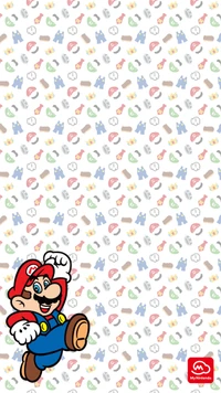 Papel de parede colorido com padrão de Mario e personagem icônico