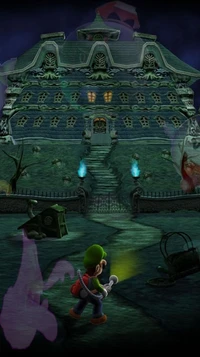 Luigi Approaches the Spooky Mansion with Flashlight in Hand