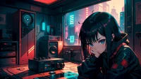 Melancholisches Anime-Mädchen in einer Neon-Stadtlandschaft