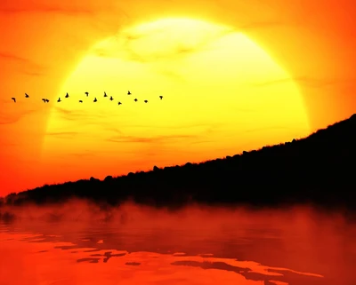 birds, clouds, fog, lake, mountain