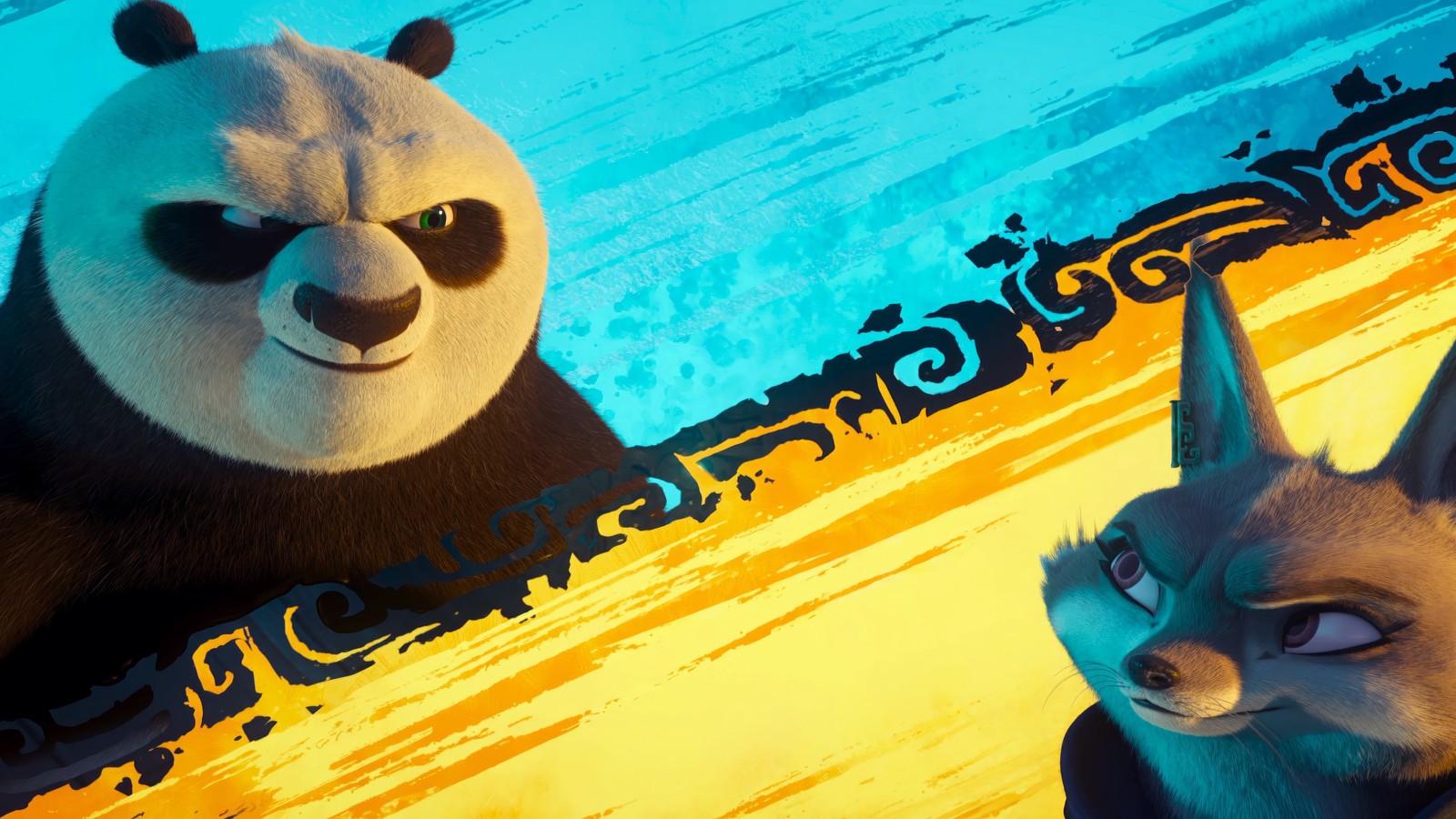 Un primer plano de un panda y un conejo en una tabla de surf (kung fu panda 4, película, po, zhen)