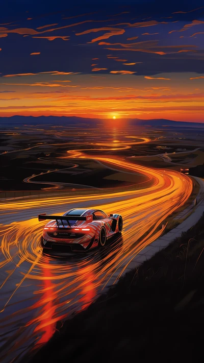 Grand Tourer Racing into a Vibrant Sunset