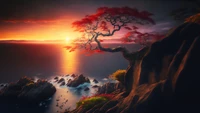 Vibrant Sunset Over Serene Coastline with Majestic Tree