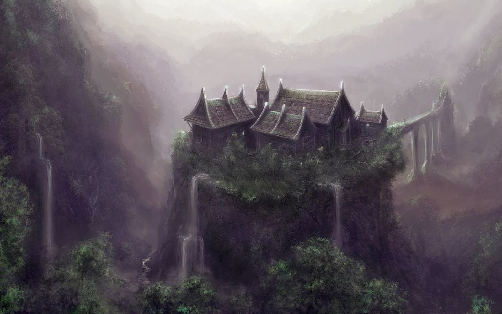 A painting of a castle on a cliff with a waterfall (fantasy landscape, landscape, landscape painting, fantasy, painting)